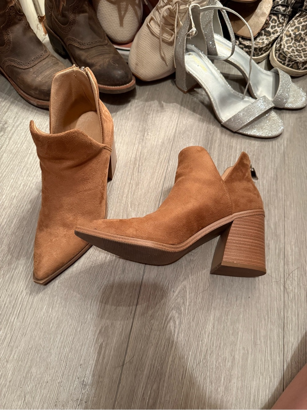Brown Suede Pointed Block Heel Ankle Booties